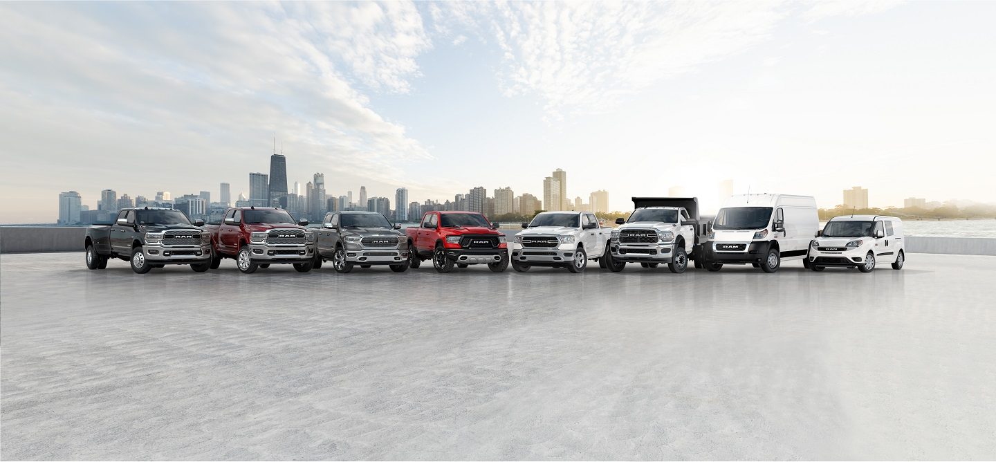 A fleet of Ram trucks and vans.