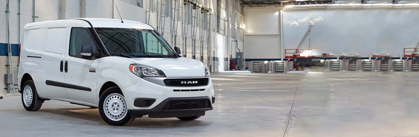 The 2022 Ram ProMaster City Cargo Van parked in a warehouse.