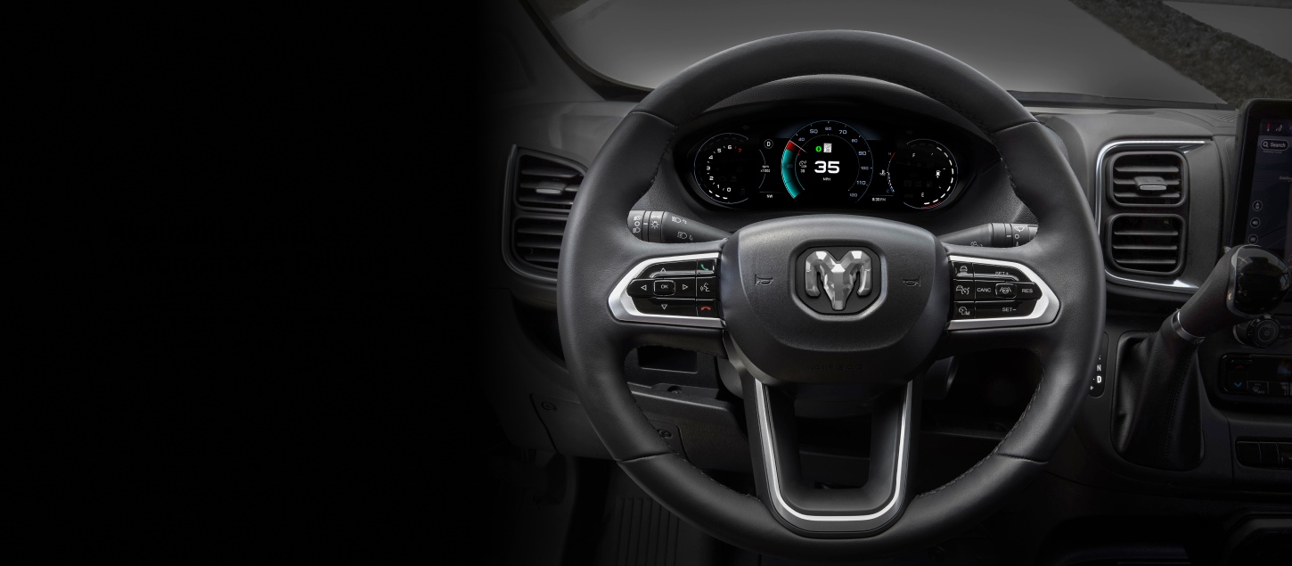The steering wheel and Digital Cluster in the 2027 Ram ProMaster Cargo Van.