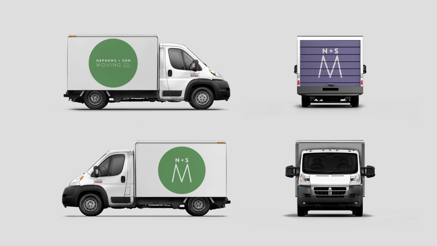 Display Four views of a Ram ProMaster Cutaway showing custom graphics for a moving business.