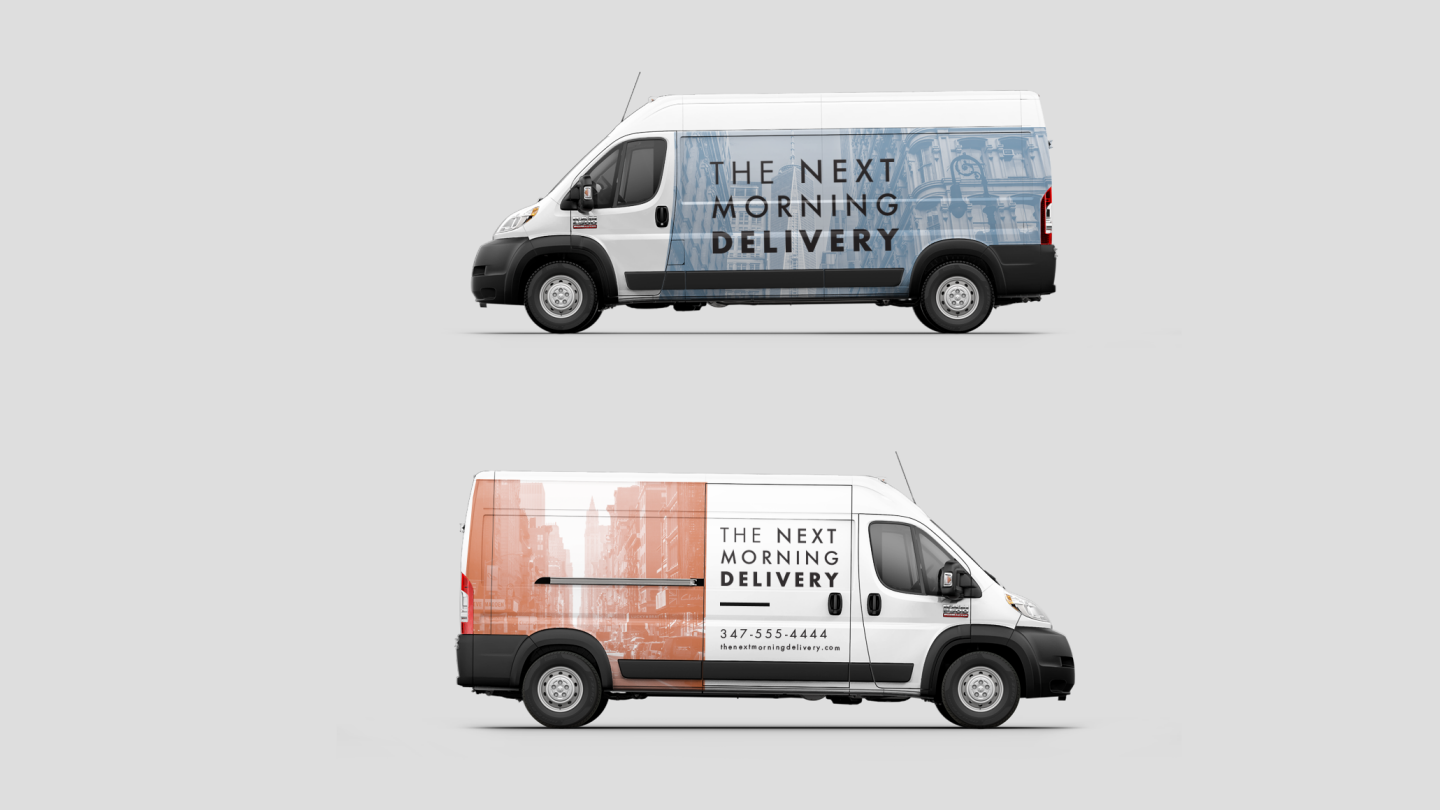 Display Two views of a Ram ProMaster Cargo Van showing custom graphics for a delivery business.