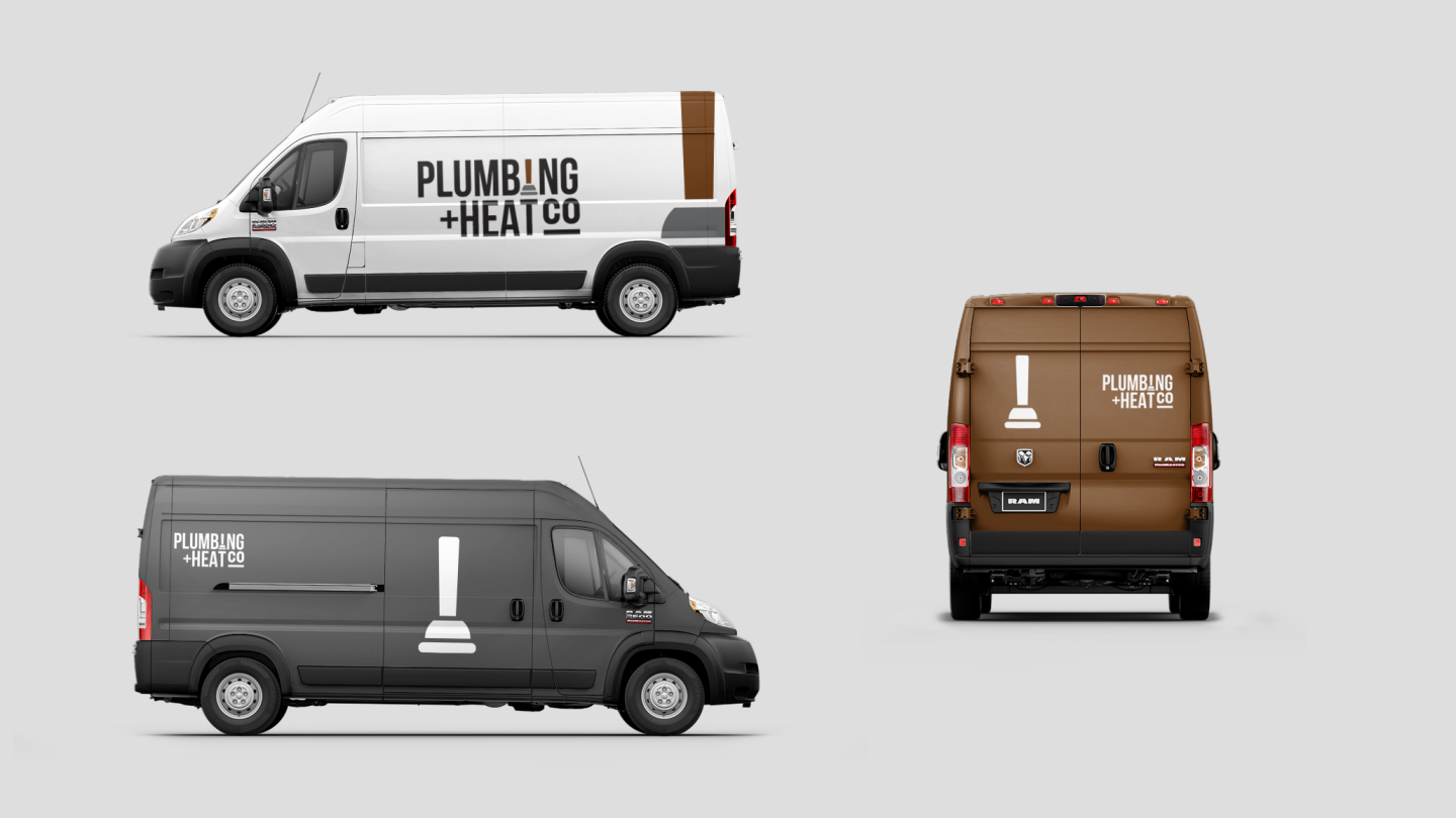 Display Three views of a Ram ProMaster Cargo Van showing custom graphics for a plumbing and heating business.