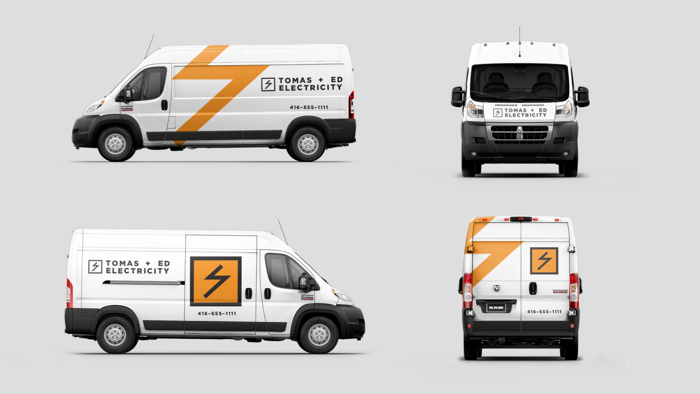 Display Four views of a Ram ProMaster Cargo Van showing custom graphics for an electrician business.